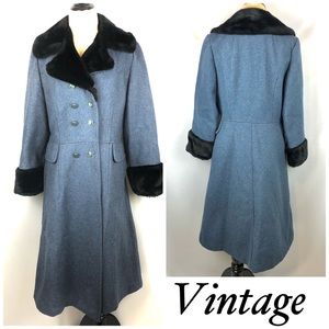 VINTAGE Long Over Coat Blue black faux fur Med